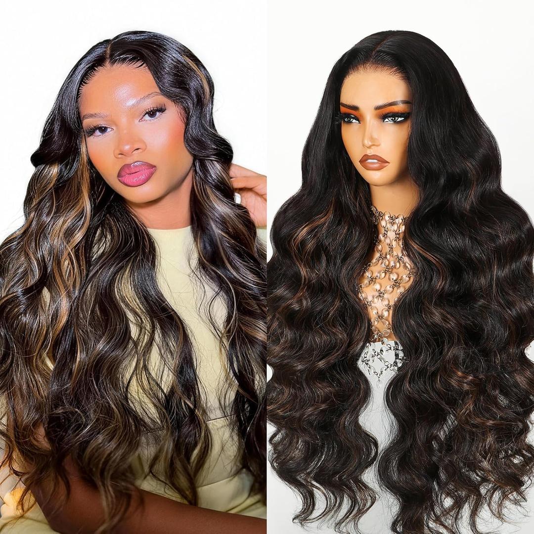 TESLAL P1B/30 Highlight Wear and Go Glueless Pre Cut Lace Body Wave 6X6 HD Lace Wig Premium Fiber Hair and Human Hair Blend Wig By Crafted Technology 260% Density 30 Inch