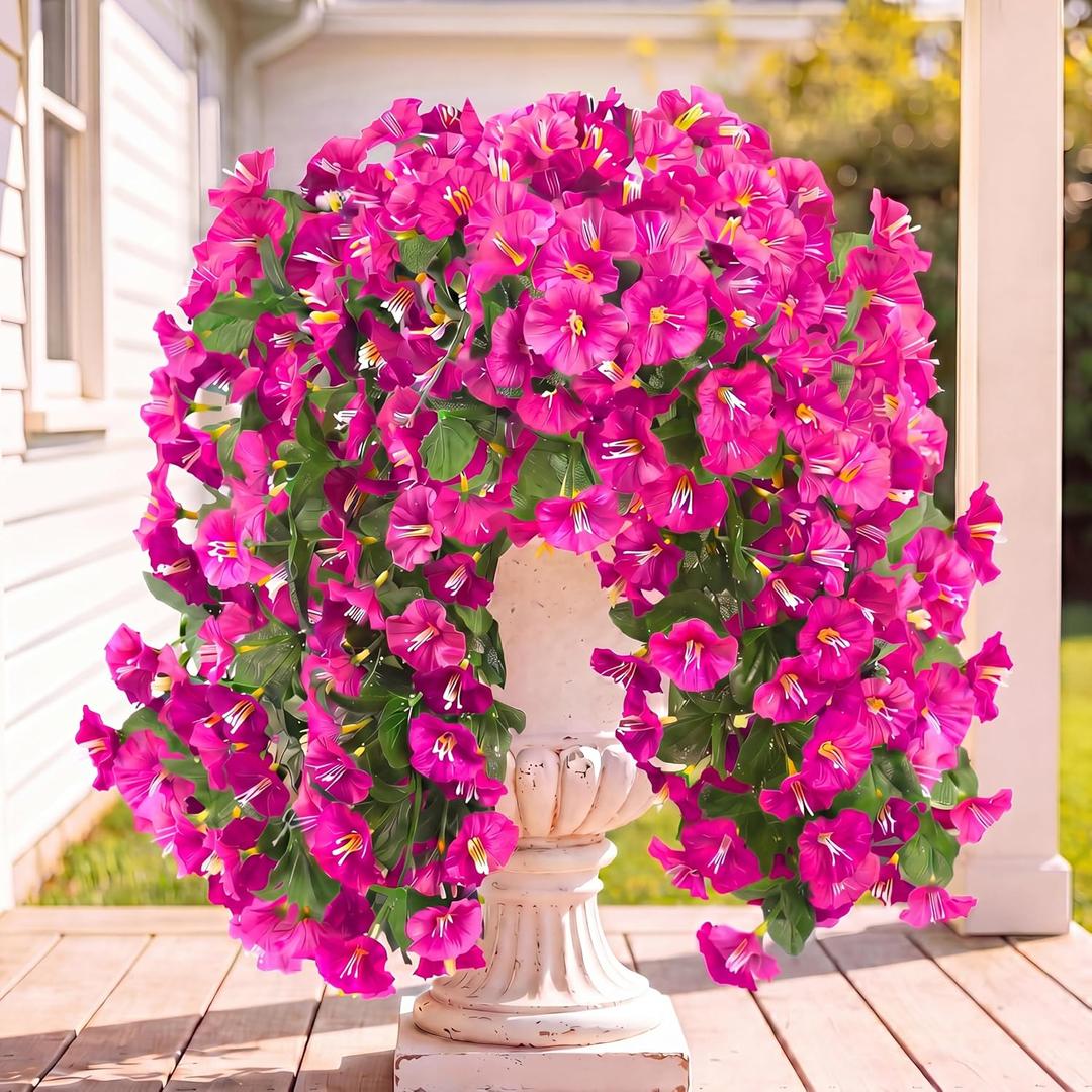 Sggvecsy Artificial Fake Hanging Flowers Plants for Outdoor Outside Spring Summer Decoration 4PCS Faux Silk UV Resistant Realistic Morning Glory Trailing Vines for Home Porch Patio Balcony(Purple Red)