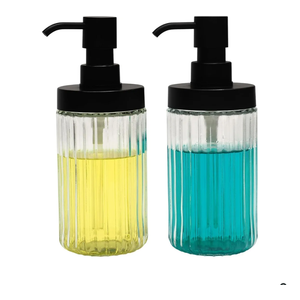 2 PCS Glass Soap Dispenser Set for Bathroom & Kitchen Sink Refillable Liquid Soap Bottle with Squeeze Pump for Hand Dish Soap, Shower Gel, Shampoo and Conditioner-425ML