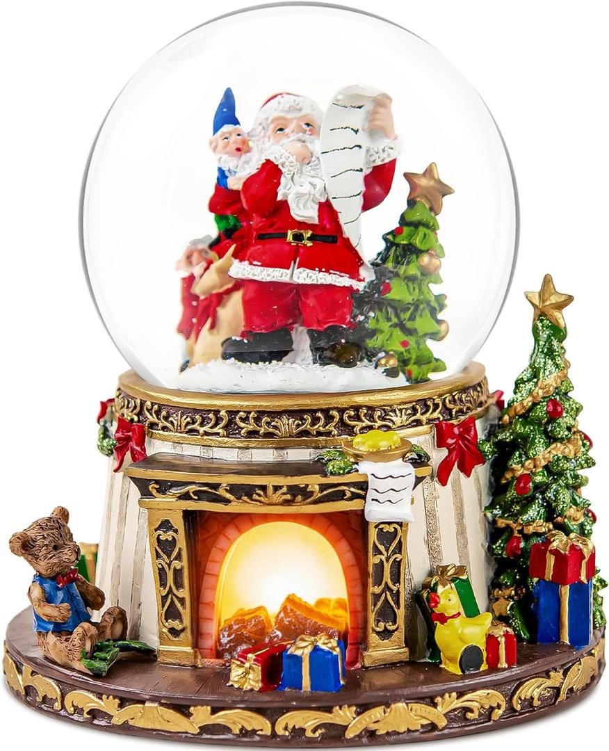 Santa Claus Fireplace Musical Snow Globe, Automatic Snowfall & Fireplace Flame Music Box, Christmas Home Decoration, Ideal Gifts for Family, Girlfriend, Friends, Plays 8 Classic Christmas Tunes