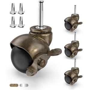 HOLKIE Casters for Furniture Legs Ball Caster Wheels Set of 4, 2 inch Locking Stem Swivel Castors for Chair, 5/16" x 1-1/2" Grip Neck Spherical Brass Vintage Antique Wheel