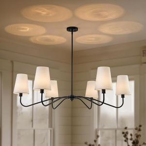 47'' Oversized Modern Chandelier with Shades, Farmhouse Chandelier, 6-Light Large Black Chandelier for Living Room, Adjustable Traditional Chandeliers for Foyer Kitchen E12 Base