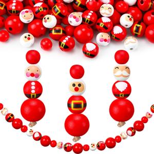 Vicenpal 240 Pcs Christmas Wooden Beads for Crafts Snowman Santa Round Wood Beads with Twine Red Green White DIY Ornaments for Christmas Tree Xmas Winter Decoration(Santa)