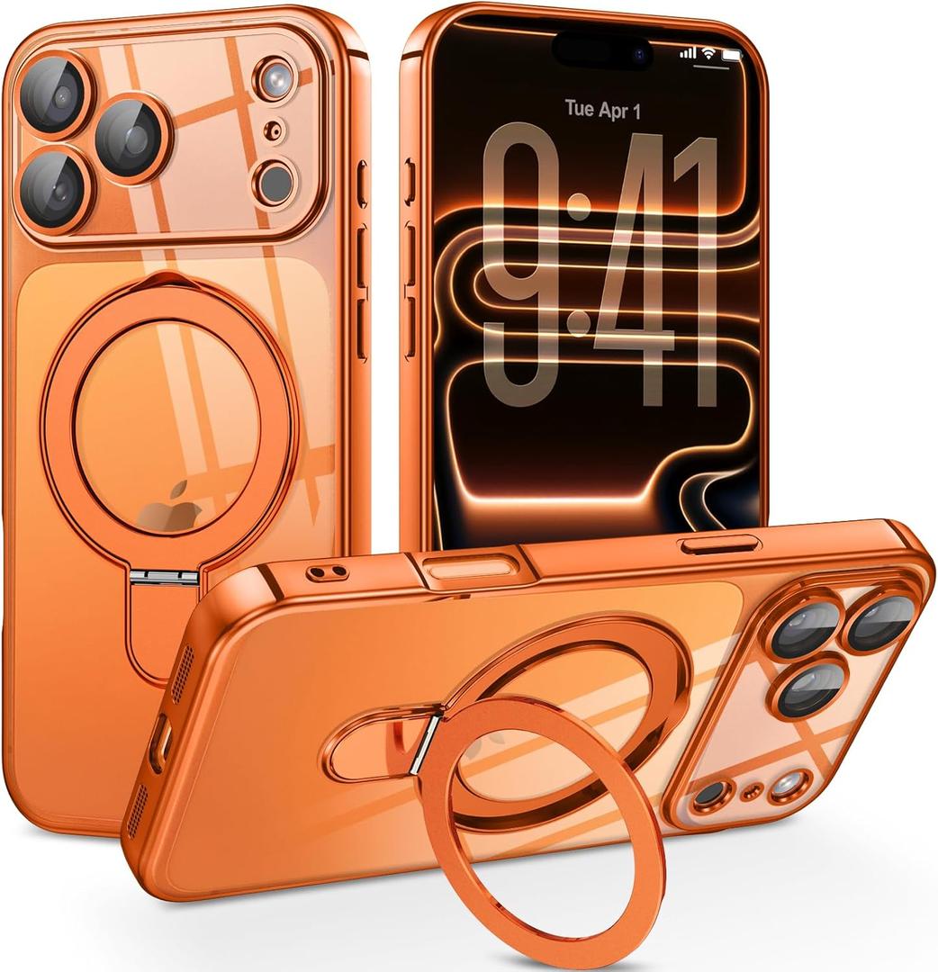 BENTOBEN Magnetic Case for iPhone 17 Pro Max [Compatible with MagSafe], Adjustable Ring Stand Full Camera Protector Clear Anti-yellow Military Drop Protection Case for iPhone 17 Pro Max,Cosmic Orange