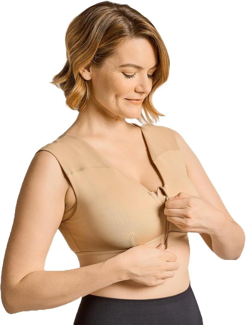 Tommie Copper Shoulder Support Compression Bra with Front Zipper Closure Wireless Posture Corrector & Back Support Bra UPF 50 (Large, Nude)