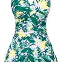GRACE KARIN Women's One Piece Swimdress Tummy Control Bathing Suit V Neck Swimsuit Ruched Skirt Swimwear (Green Yellow Leave, Large)