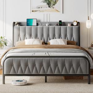 Feonase Full Size Bed Frame with Headboard, Type-C & USB Port, Fast Charging Metal Platform Beds, Velvet Upholstered Headboard & Footboard, 12" Under Bed Storage Space, Noise-Free, Gray (Grey)