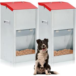 2 Pcs 25 Lbs Large Automatic Dog Feeders with Handle Acrylic Panel Galvanized Gravity Feeder Outdoor Hanging for Doggie Breed Dog Food Dispenser Container(Red)