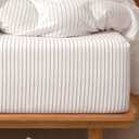 MooMee Stripes Fitted Bottom Sheet Only 100% Washed Cotton Linen Like Textured Breathable Durable Soft Comfy Deep Pocket (White Almond Milk Grey Wide Stripes, Queen)