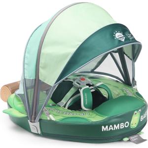 Mambobaby Float Non Inflatable Baby Float with Canopy Upgarded Add Tail Baby Swim Float with UPF 50+ Sun Canopy, Safety Swim Tranier Solid Toddler Pool Float for Age 3-24 Months, Crocodile Green