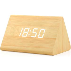 OCT17 Wooden Wood Clock, New Version LED Alarm Digital Desk Clock Adjustable Brightness, Alarm Time, Displays Time Date Temperature - Bamboo