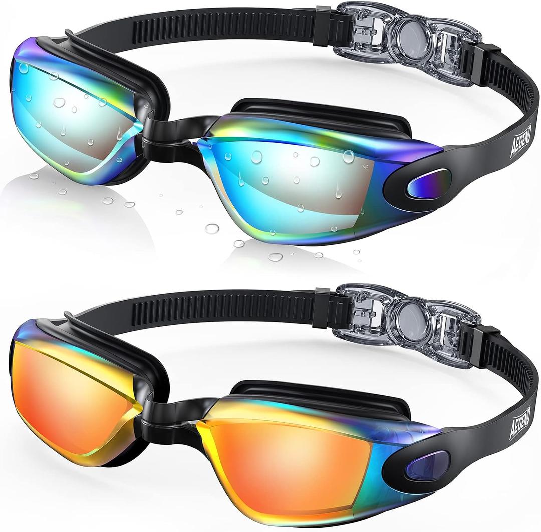Aegend Swim Goggles 2-Pack, No Leaking Anti-Fog UV Protection Mirrored Swim Glasses for Adult Men Women, Wide View Outdoor