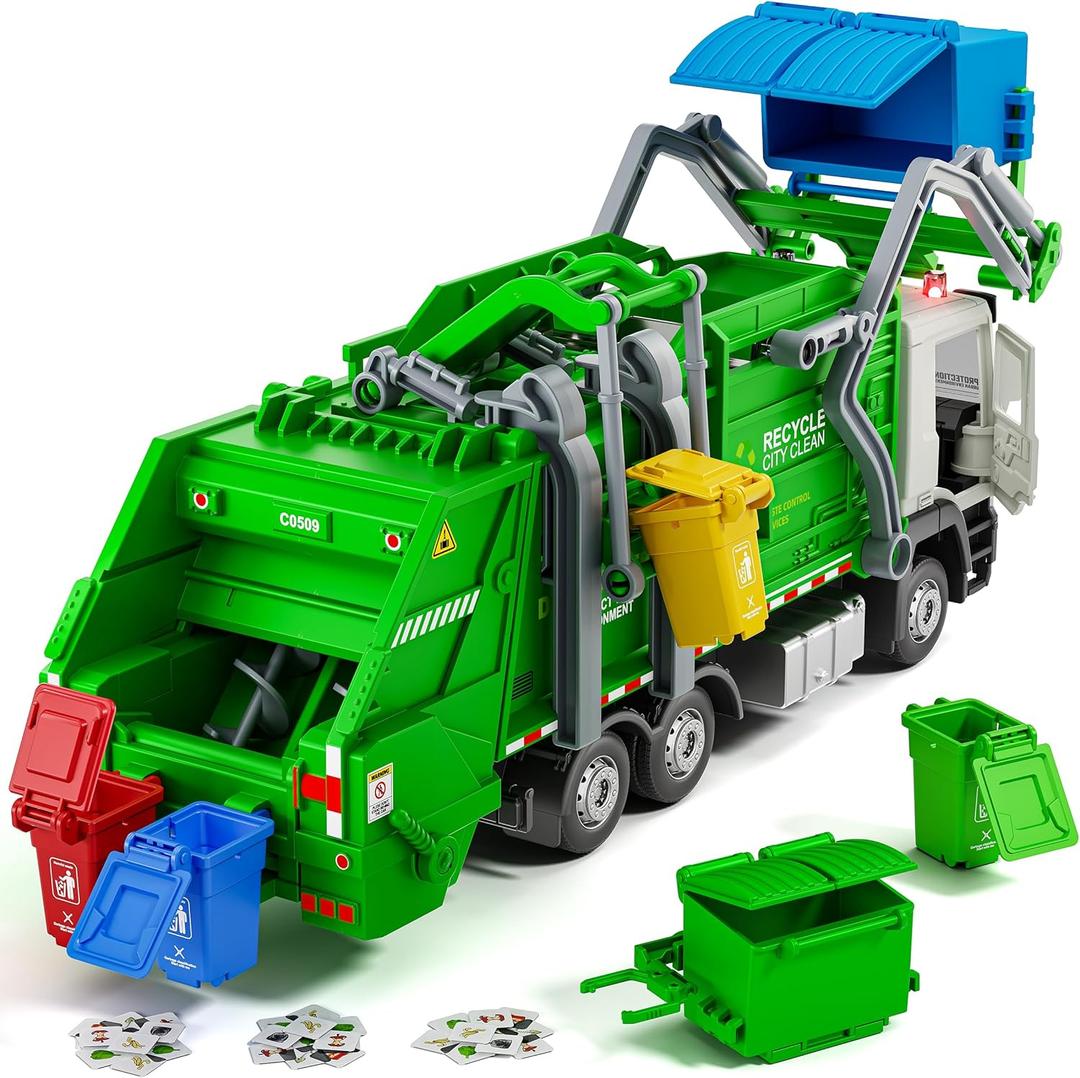 Garbage Truck Toy, Friction Powered Recycling Vehicles with Lights & Sounds, Includes 2 Dumpsters, 4 Trash Bins, 60 Garbage Sorting Cards, Great Gift for Boys Girls Kids Age 3 Years and Up