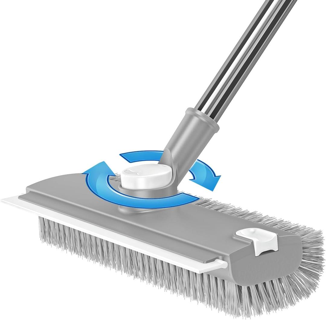 2 x Floor Scrub Brush with Long Handle: 3 in 1 Heavy-Duty Floor Scrubber Brush with Squeegee for Cleaning Tile Bathroom Deck Kitchen Patio - Gray