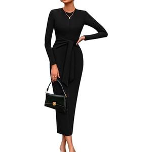 PRETTYGARDEN Women's 2025 Wedding Guest Midi Dresses Semi Formal Long Sleeve Bodycon Tie Waist Cocktail Fall Fashion Clothes S