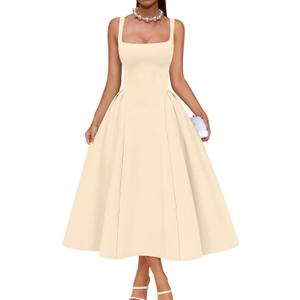 Memoriesea Women's Elegant Square Neck Swing A Line Wedding Evening Party Midi Dress (Yellow, S)