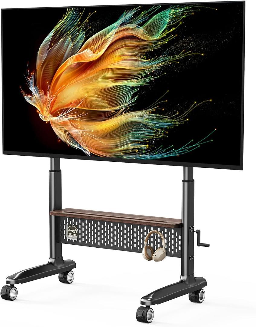 Hand Crank Lift Mobile TV Cart for 40-90 Inch Large LCD LED Flat Curved Screens up to 220 lbs, Heavy Duty Rolling TV Stand with Hole Platform, Free Height Adjustable, Max VESA 800x600mm