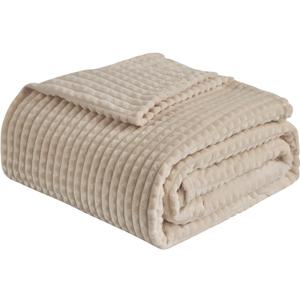 EMME Fleece Blanket, 3D Jacquard Throw Blanket for Couch and Bed, Soft Cozy and Fluffy Blankets Lightweight Luxury Flannel with Geometric Grid Design (Beige, 50'' x 60'')