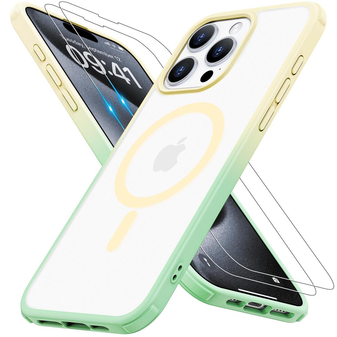 Magnetic for iPhone 12/12Pro Case [Compatible with MagSafe] with 2X Screen Protector, Military-Grade Slim Shockproof Phone Cover Translucent Matte Anti-Fingerprint for iPhone 12/12Pro, Gold-Green
