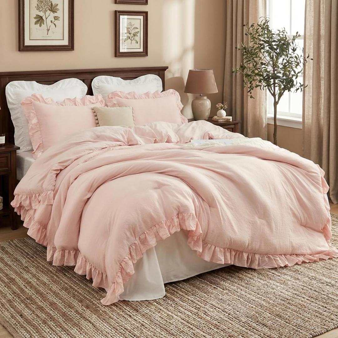 CAROMIO Pink Ruffled Comforter Set Queen Size, 3PCS Soft Washed Microfiber Lightweight & Fluffy All-Season Bedding Comforter with Vintage French Country Style, Pink, 90x90 in