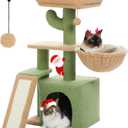 PETEPELA Cactus Cat Tree for Indoor Cats, 32'' Small Cat Tower Cat Condo with Sisal Scratching Ramp, Cozy Hammock and Removable Top Bed Perch for Kittens, Green