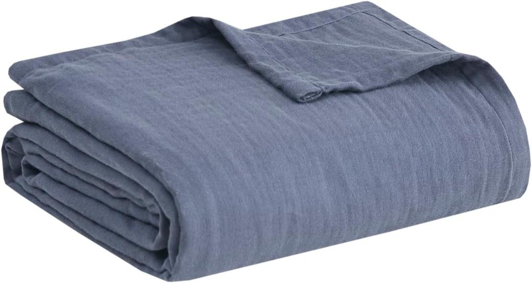 Madison Park Blanket Gauze 100% Cotton Soft & Breathable 3 Layers Lightweight Summer Cover, All Seasons, Cozy & Lofty for Bed, Couch and Office, Blue, King(108"x90")