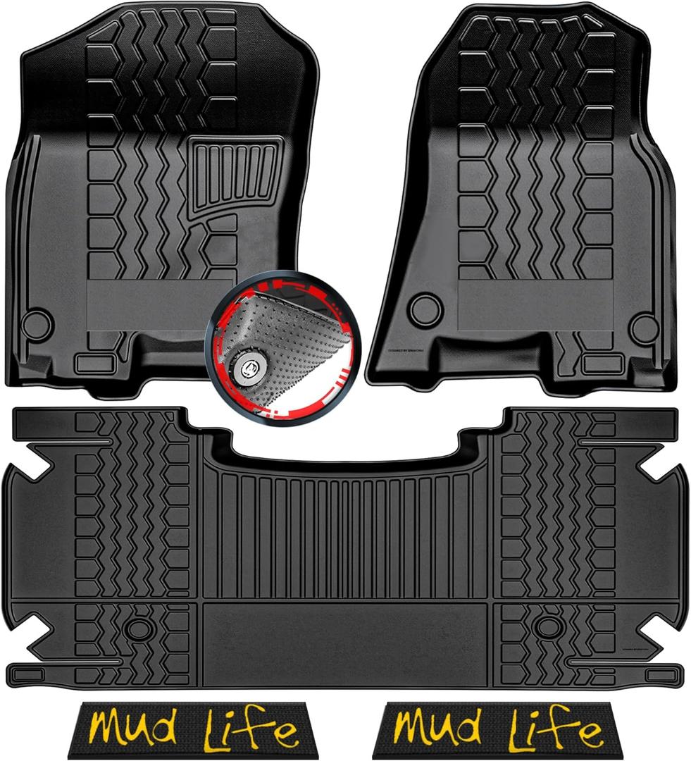 Anti-Slip 3D Rubber Floor Mats 5Pcs Fit 2019-2024 Dodge Ram 1500 New Body Crew Cab | All-Weather Truck Floor Liners with Weather Strips | Automotive Carpet for Winter, Ski, Hunting, Camping (Mud Life (Yellow))