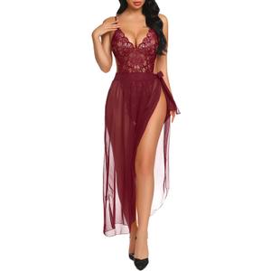 Avidlove Women One Piece Lingerie Deep V Lace Bodysuit Mosaic Lace Teddy Mesh Skirt (XL)