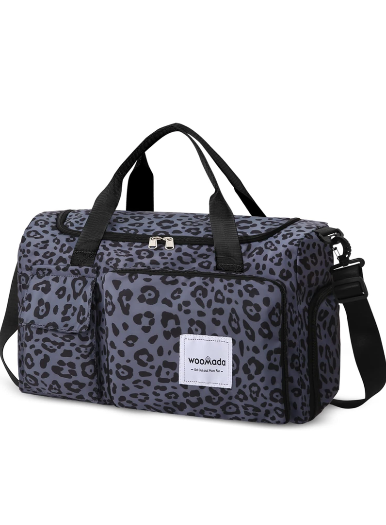 WOOMADA Foldable Travel Duffel Bag with Shoes Compartment, Overnight Bag with Wet Pocket & Trolley Sleeve, Weekender Bags for Women(B-black leopard)