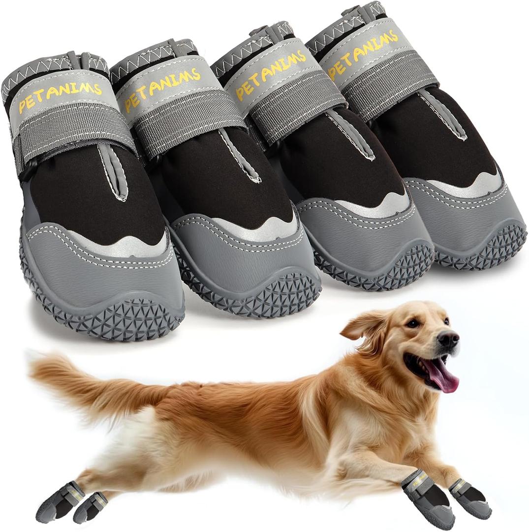 Petanims Dog Shoes for Large Dogs, Medium Dog Boots & Paw Protectors for Winter Snow, Waterproof Dog Booties for Hot Pavement, Hardwood Floors, for Rainy Black Size 4 (#4(width 1.96 inch) for 36-43 lbs)