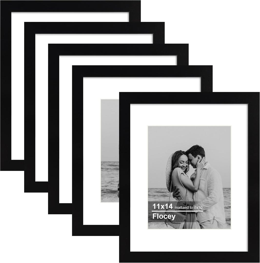 11x14 Picture Frame 5 Pack, Black Photo Frame, Display Pictures 8x10 with Mat or 11x14 without Mat for Horizontal or Vertical Wall Mounting, Wall Gallery Frame for Artwork Certificate