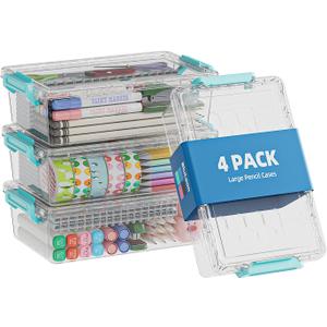 BiuLeon 4 Pack Extra Large Pencil Box, Plastic Pencil Case Organizer, Clear Crayon Box Marker Organizer, Stackable Craft Organizers and Storage for Pen, Craft, Art Supply(Green)