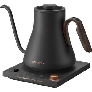 Gooseneck Electric Kettle with Precise 1 Temperature Control, Wood-Accented Handle, Stainless Steel Interior, Quick Heating Pour Over Kettle for Coffee & Tea, 0.9L, Matte Grey