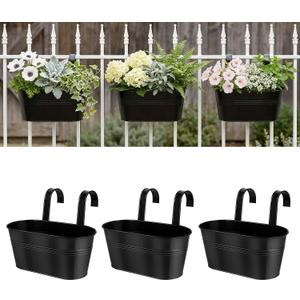 Metal Railing Planters for Outdoor Plants - 3 Pcs Balcony Hanging Flower Pots with Detachable Hooks & Drain Holes, Windowsill Oval Hanging Bucket Pots Fence Planters for Garden Home Decor, Black