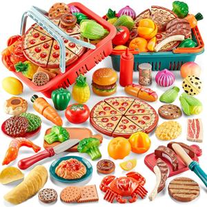 Play Food Sets for Kids Kitchen-80PC Pretend Food with 2 Kids Picnic Basket, Toy Food with Pizza Toy, Plastic Food Cutting Toys, Play Kitchen Accessories - Fake Food, Boys Girls Toddlers Gifts
