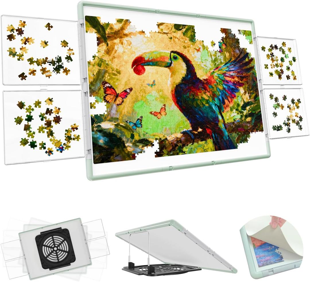 1500 Pieces Puzzle Board 3-in-1 Double-Sided & Rotating & Tilting, Plastic Puzzle Table with Sorting Boxes and PVC Cover, Portable Lazy Susan Jigsaw Puzzle Board for Adults, Gray Green