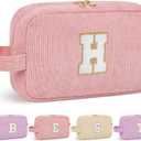 Initial Birthday Gifts Makeup Bag, Preppy Chenille Patch Cosmetic Bag, Birthday Gift Travel Toiletry Pouch, Ideal Gift for Women, Girls, Teachers & Moms (Light Pink, H)