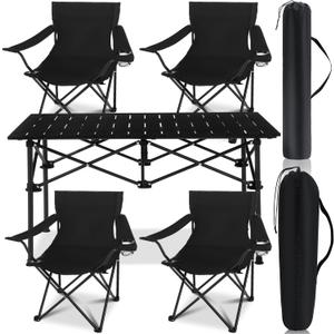 5 Pcs Summer Portable Camping Chair and Folding Camping Table Set Outdoor Oxford Fabric Folding Chair Lawn Portable Camp Table with Cup Holder Carry Bag for Travel Fishing Sport(Black)