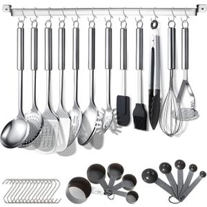 Berglander Kitchen Utensils Set 38 Pieces, Stainless Steel Cooking Utensils Set, Kitchen Gadgets Cookware, Kitchen Tool Set with Utensil Holder Rack And Hooks For Hanging Dishwasher Safe