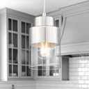 Pendant Lights Kitchen Island, Brushed Nickel Dual Shade Hanging Lights Fixtures with Metal and Clear Glass, Modern Kitchen Pendant Lighting Over Island for Dining Room, AD-24022-1P-SN