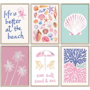 Pink Beach Preppy Wall Art Coastal Granddaughter Aesthetic Room Canvas Posters Colorful Coastal Seashell Pictures Prints Abstract Beach Painting Wall Decor for Girls Room Girls Dorm Home Unframed (16L''x12W''poster)
