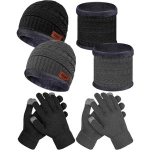 6 Pieces Kids Winter Hat Glove Scarf Sets Knitted Toddler Cap Beanie Touchscreen Mitten Neck Warmer for Boys Girls 5-14 Years (Black,gray)