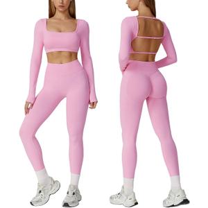 ABOCIW Workout Sets for Women 2 Piece Seamless Backless Long Sleeve Crop Top High Waisted Leggings Gym Sets (Small, Pink)