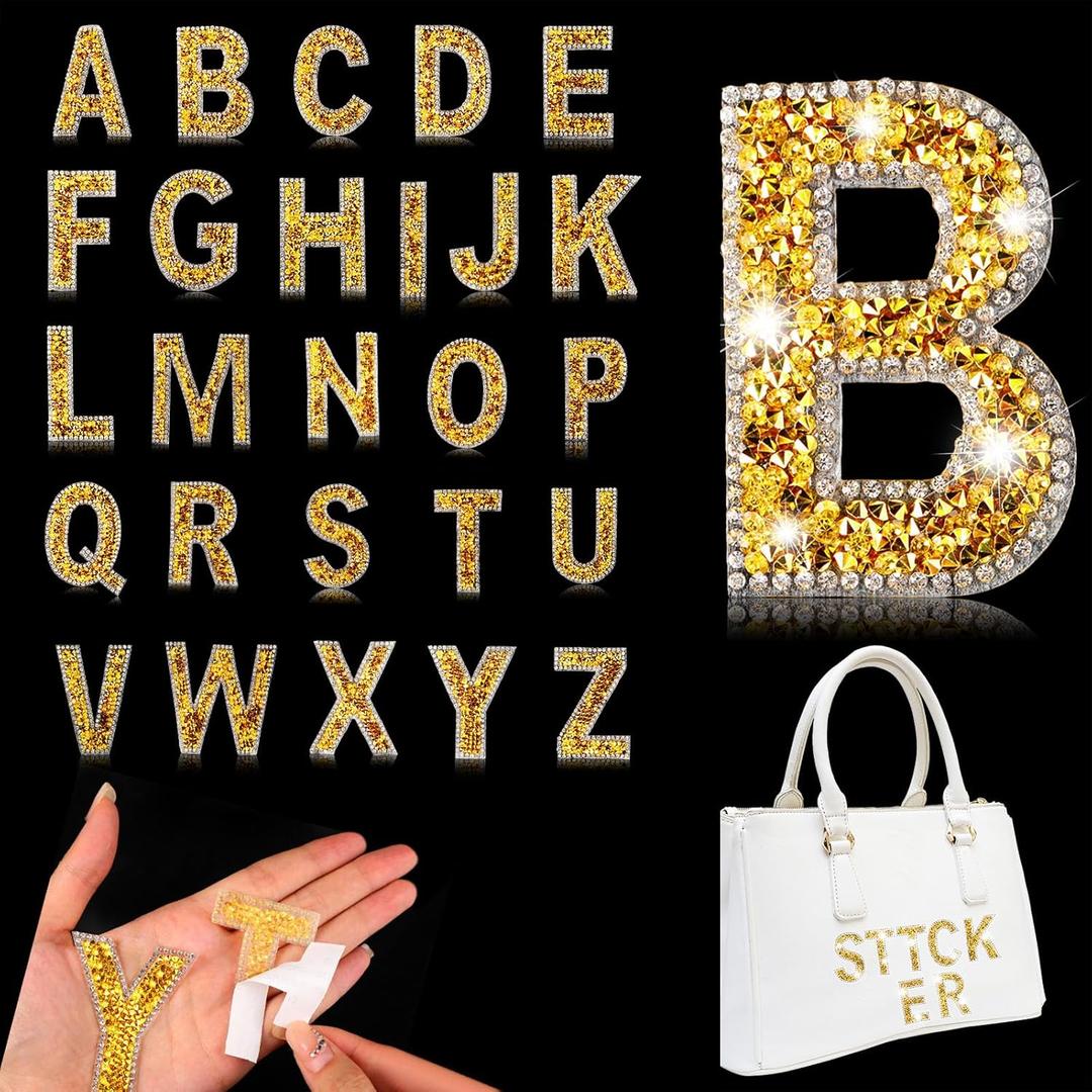 Yinder Glitter Resin Rhinestone Alphabet Letter Stickers Crystal Rhinestone Iron on Letter Self Adhesive A-Z Glitter Stickers for Art Clothing DIY Works(Gold, 26 Pieces)