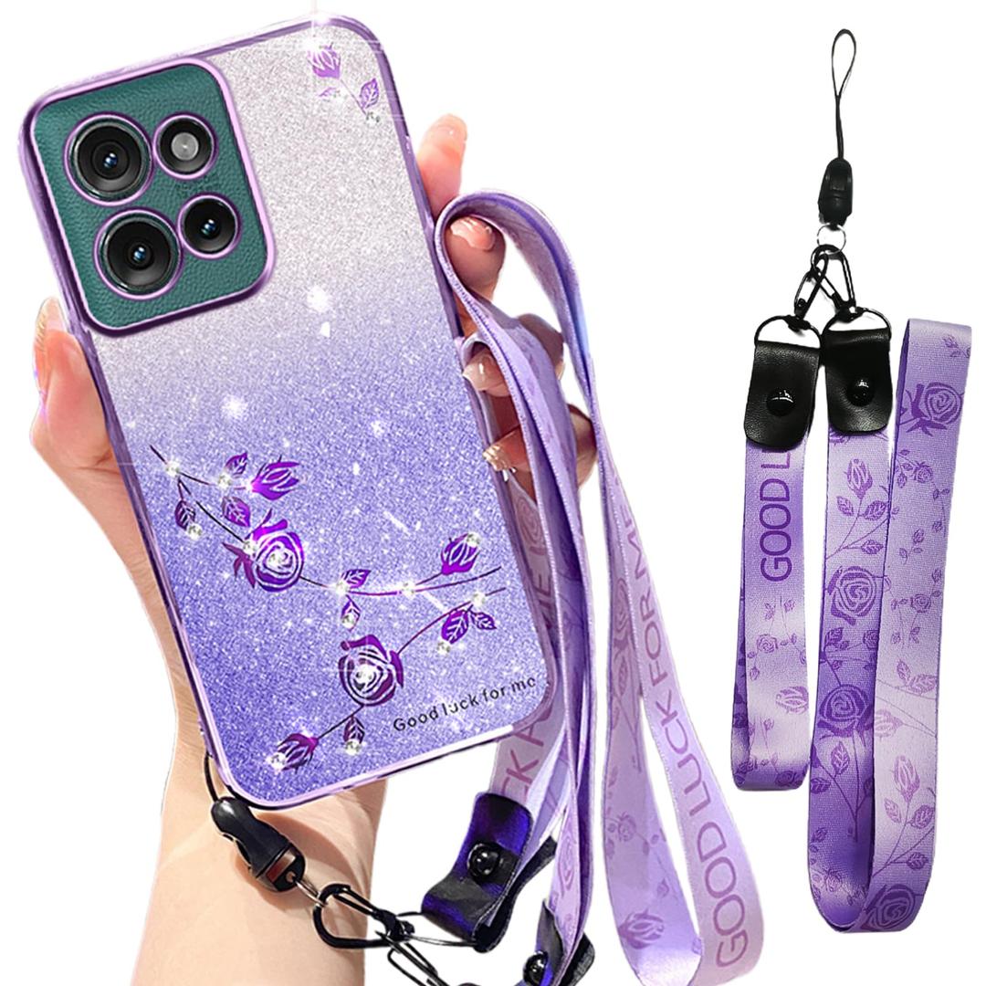 Fofvccv Glitter Case for Moto G 5G 2025 / Moto G Play 4G 2025, Bling Floral Clear Soft TPU Phone Cover with Crossbody Strap & Wrist Lanyard Girls Women for Moto G 5G/G Play 4G 2025 - YSS Purple