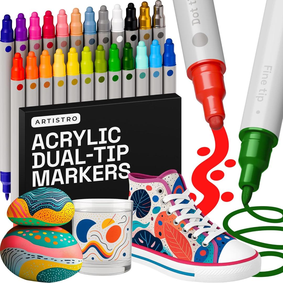 ARTISTRO 24 Acrylic Paint Markers for Rock, Fabric, Wood, Glass, Craft, Decoration - Dual-Tip Paint Pens - Stocking Stuffers, Christmas Gift Idea for Teens, Grandkids, Kids - Art Supplies