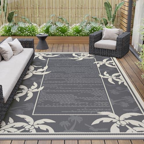 COCOER Outdoor-Rug 5x8 ft Waterproof Reversible Outdoor Plastic Straw Rug RV Indoor Outdoor Carpet Quick Dry Patio Rug Camping Mat for Balcony Backyard Picnic Beach-Grey&Beige