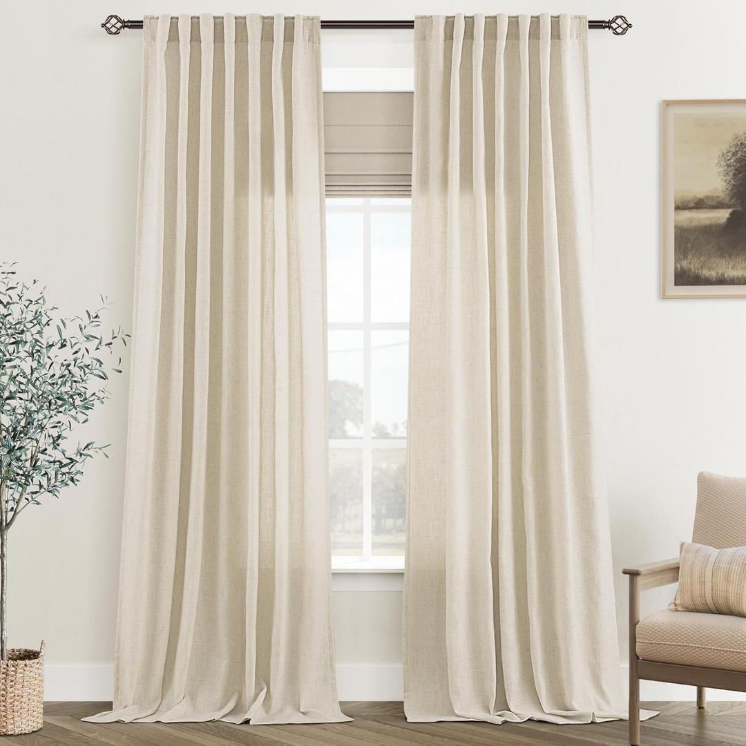 Jolilight Faux Linen Beige Curtains 94 inches Long for Living Room Rustic Farmhouse Linen Drapes Semi Sheer Burlap Textured Canvas Cloth Curtain Panels Set of 2 Kahki Tan Colored