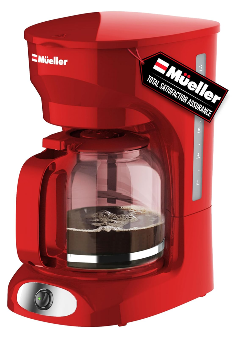 MÜELLERHOME 12-Cup Red Coffee Maker - Perfect for Home or Office, Borosilicate Carafe, Auto-Off, Reusable Filter, Anti-Drip, Keep-Warm Function, Clear Water Level Window, Red Kitchen Accessories