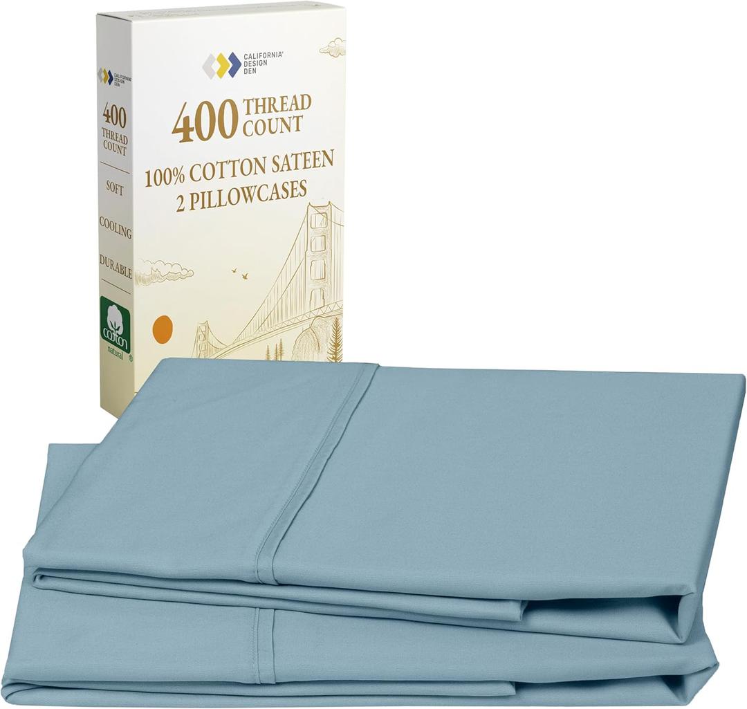 California Design Den Standard Queen Size Pillowcase Set - 400 Thread Count, 100% Cotton Sateen, Set of 2 Pillow Covers, Soft and Breathable - Sky Blue